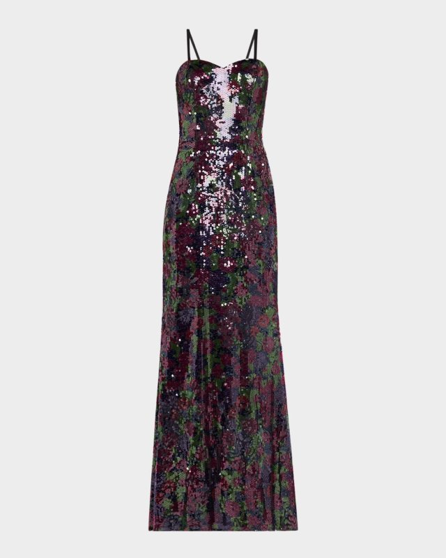 Sheridan Floral-Print Sequin Sweetheart Gown